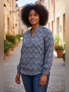Hawalili Womens Blue Printed Split-Neck Blouse